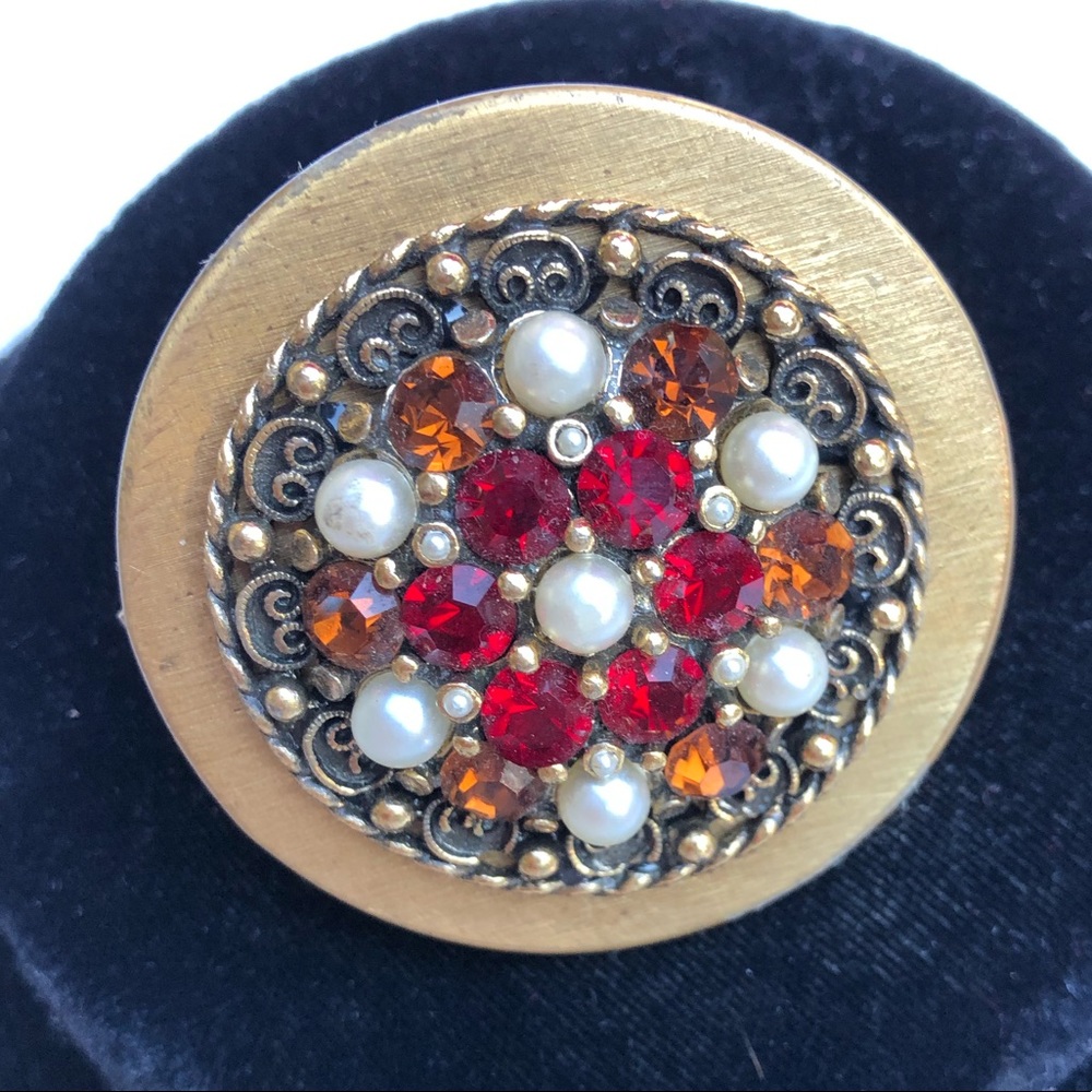 Vintage Rare Compact Pearls Red Rhinestones Jewels Lipstick Mirror one of a Kind